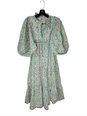 Karni Tiered Midi Dress Green Red Floral Cotton Women's Small Cottagecore